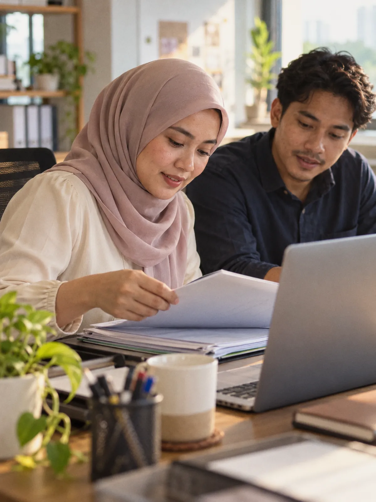 Illustrative visual: two colleagues reviewing reports together at an office desk.