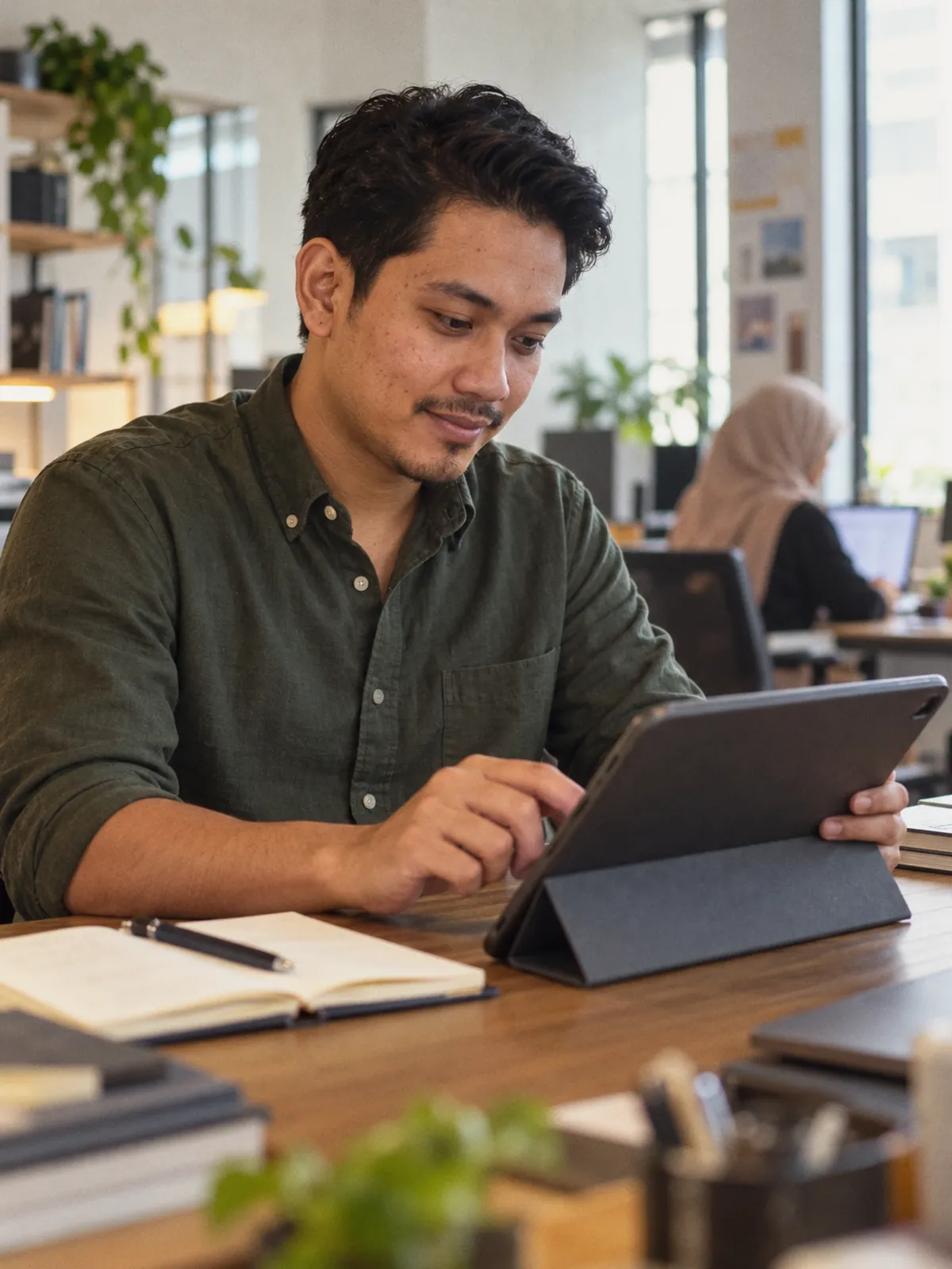 Illustrative visual: a man working on a tablet at an office desk.
