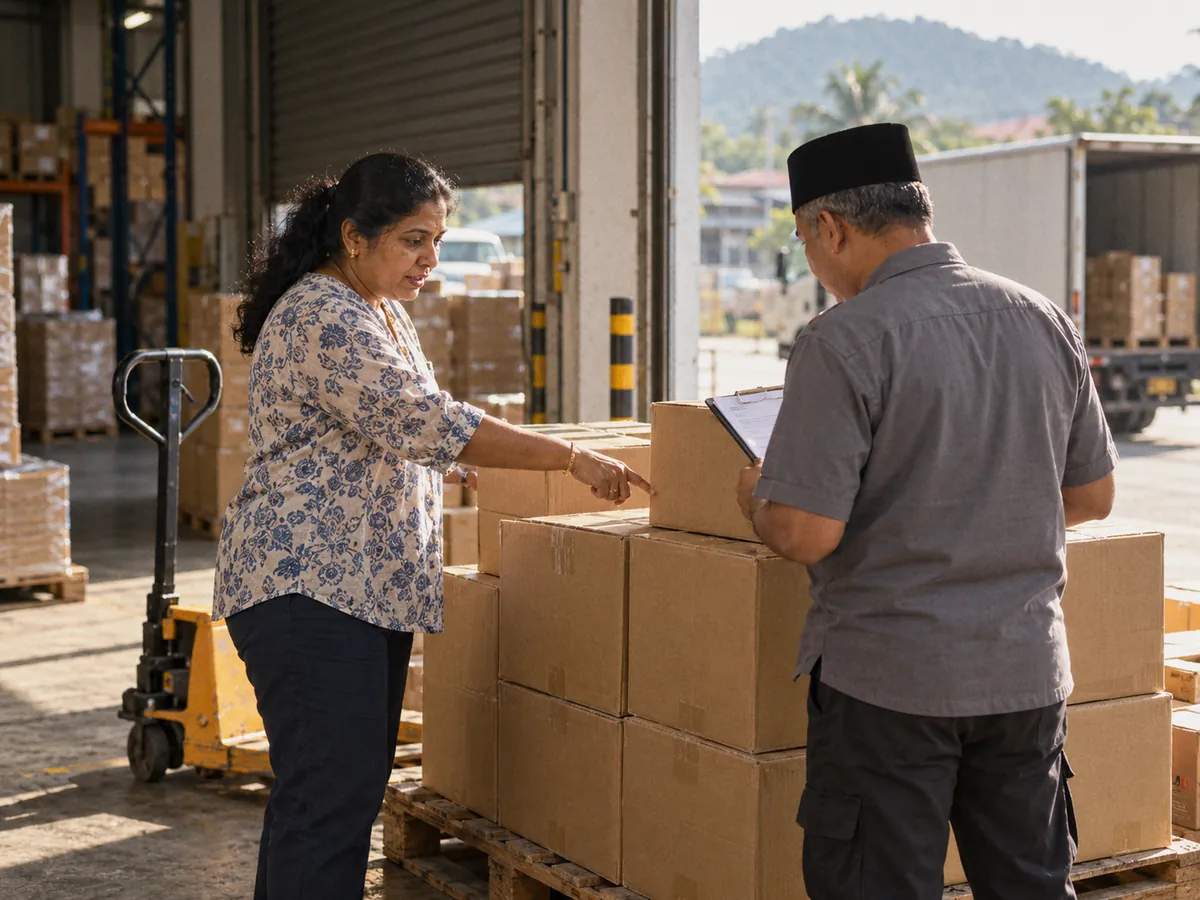 Illustrative visual: two managers checking a delivery at a loading bay.