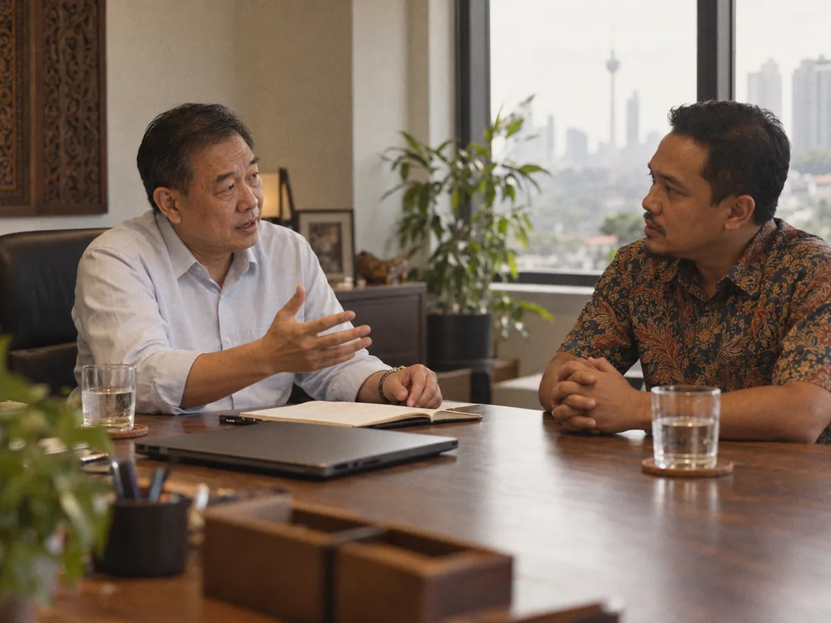Illustrative visual: two company directors talking across a desk.
