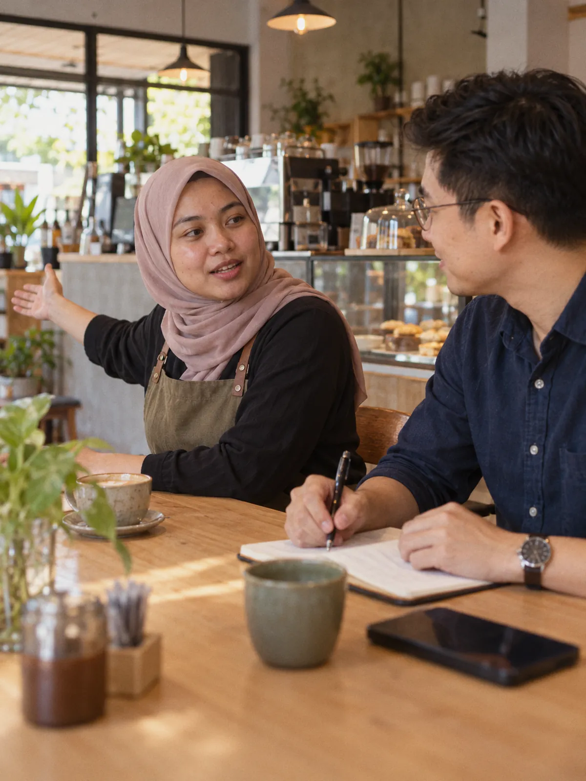 Illustrative visual: a café owner explains how her business runs while an adviser takes notes.