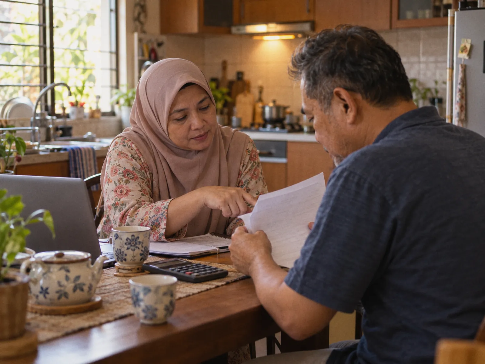 Illustrative visual: a couple discussing a letter at their kitchen table.