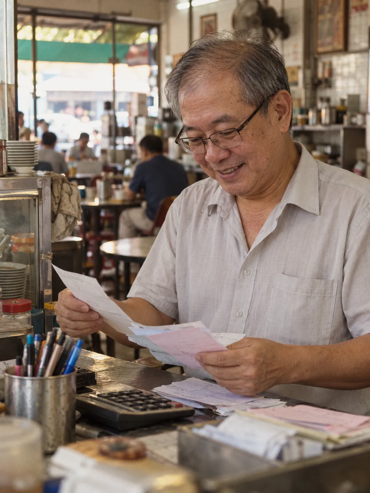 Illustrative visual: a kopitiam owner checking invoices at the counter.
