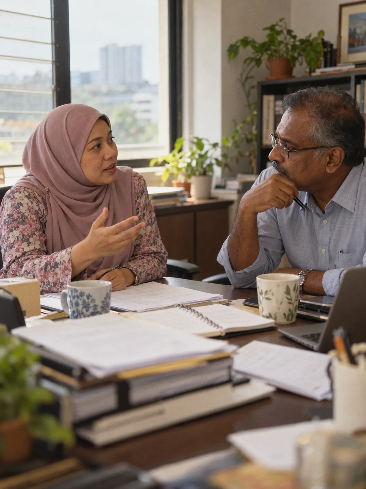 Illustrative visual: two business partners talking across a desk.